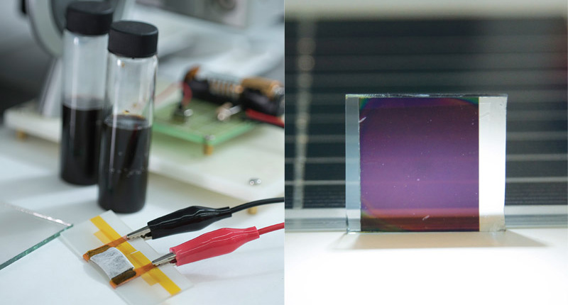 Energy storage device synthesised by manganese dioxide ink (left) and semitransparent perovskite solar cells (right)