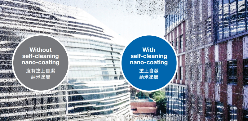 The glass with and without self-cleaning nano-coating shows significant difference.