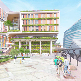 Umbrella free design connecting surrounding buildings