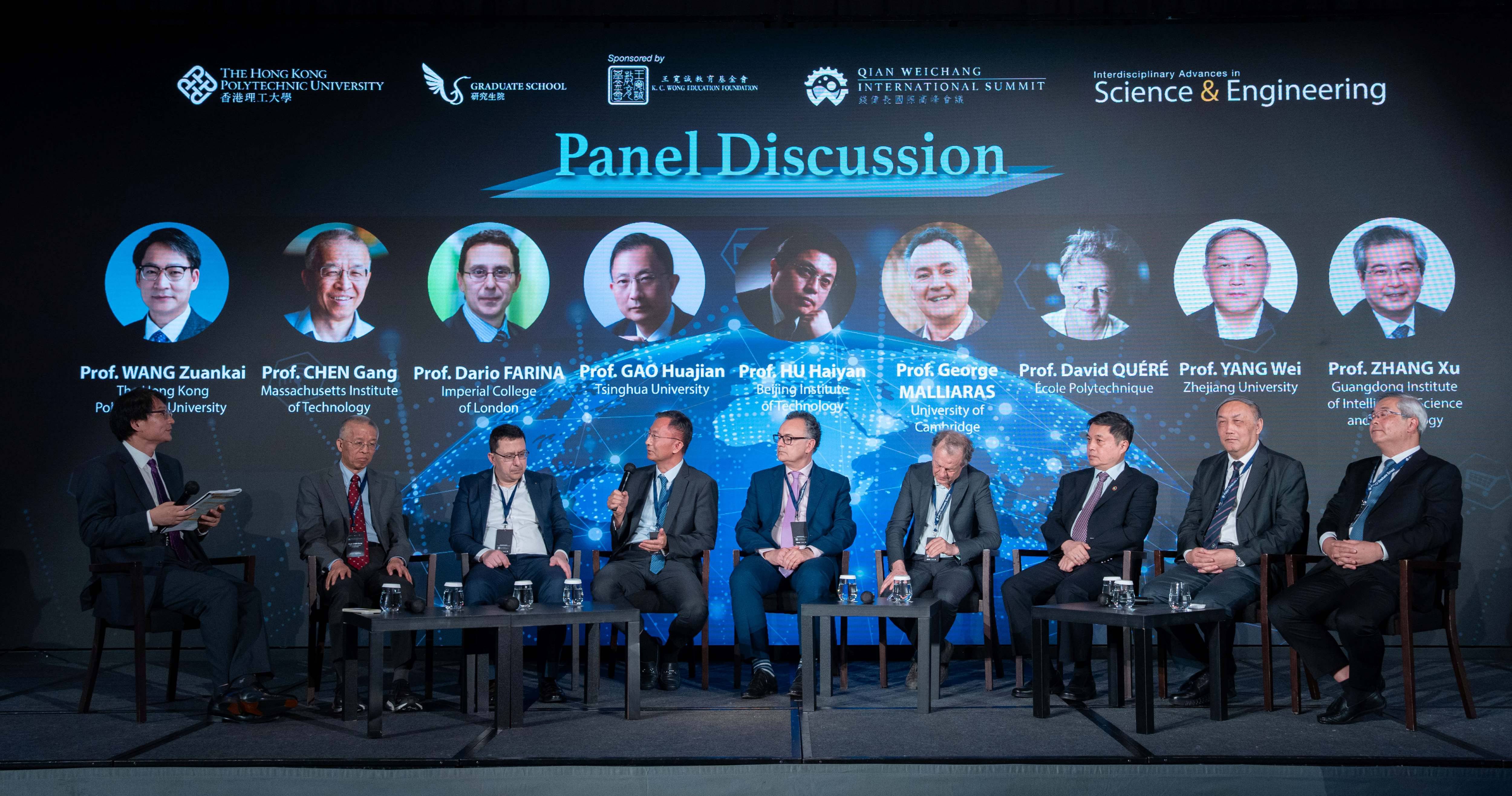 Prof. Wang Zuankai (1st from left) with the eight plenary speakers during the panel discussion. From 2nd left: Prof. Chen Gang, Carl Richard Soderberg Professor of Power Engineering at the Massachusetts Institute of Technology;  Prof. Dario Farina, Professor and Chair in Neurorehabilitation Engineering at Imperial College London; Prof. Gao Huajian, Xinghua Distinguished University Professor at Tsinghua University; Prof. George Malliaras, Prince Philip Professor of Technology at the University of Cambridge; Prof. David Quéré, Professor at the École Polytechnique; Prof. Hu Haiyan, Chair Professor of Mechanics at the Beijing Institute of Technology; Prof. Yang Wei, Professor at Zhejiang University; and Prof. Zhang Xu, President of the Guangdong Institute of Intelligence Science and Technology.