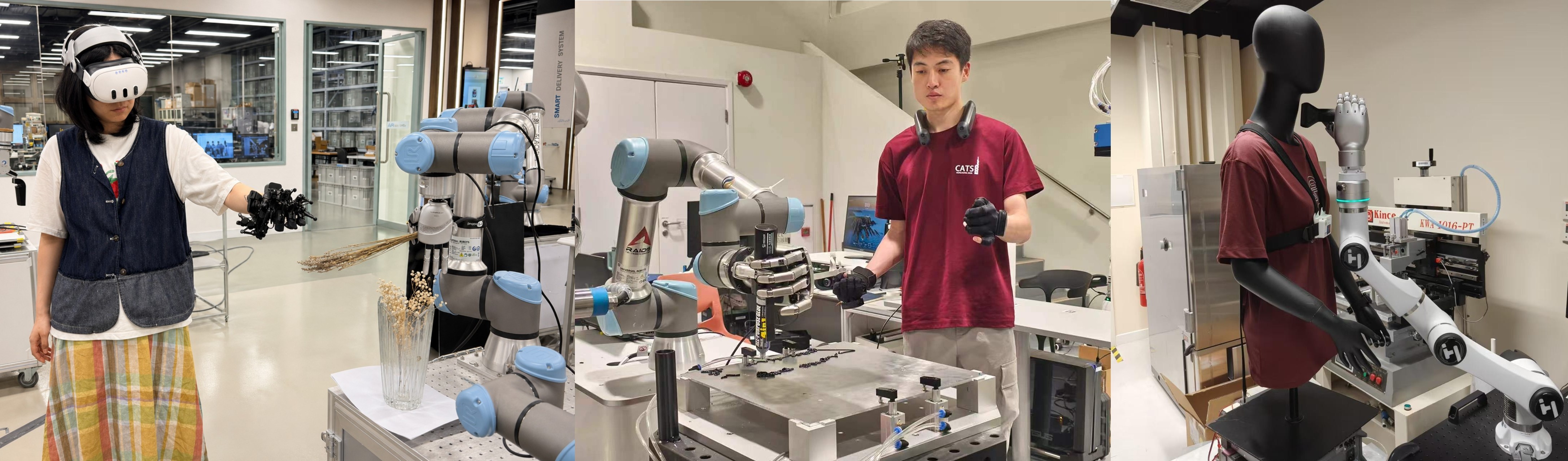 Among the first phase of the joint projects are (from left): “Flora·Bloom Dexterity: Mixed Reality Integrated Embodied Intelligent Dexterous Hands Enables Traditional Chinese Floral Culture Inheritance and Cross-Reality Fine-Grained Floral Interaction,” spearheaded by Prof. Lik-Hang Lee and his team; the TeleX data glove teleoperating with Linkerbot’s L20 dexterous hand, developed by Prof. Zheng Pai and his team at the PolyU start-up CobotAI; and “Ultrasound robotic arm scanning diagnosis system with embodied AI,” led by Dr Cheung Chung-wai and his team.