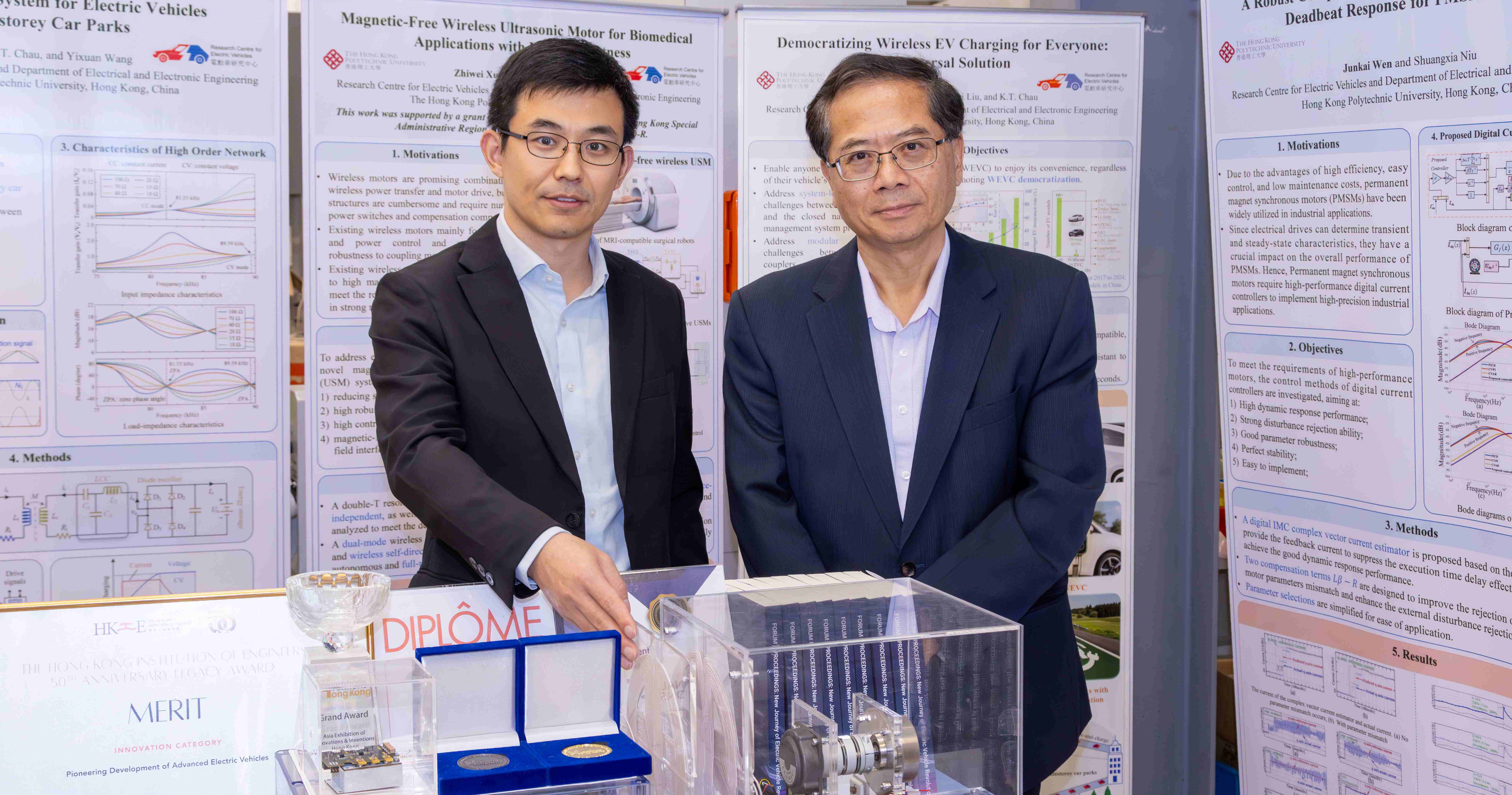 The research, led by Prof. Chau Kwok Tong, Chair Professor of Electrical Energy Engineering, Department of Electrical and Electronic Engineering at PolyU (right) and Prof. Liu Wei, Assistant Professor of the same department (left), paves the way for wireless energy networks capable of delivering light, heat and motion. Their study has been published in Nature Reviews Electrical Engineering and received Gold Medal with Congratulations of the Jury at the 50th International Exhibition of Inventions Geneva in Switzerland and a Grand Prize and a Gold Medal at the 4th Asia Exhibition of Innovations and Inventions Hong Kong.