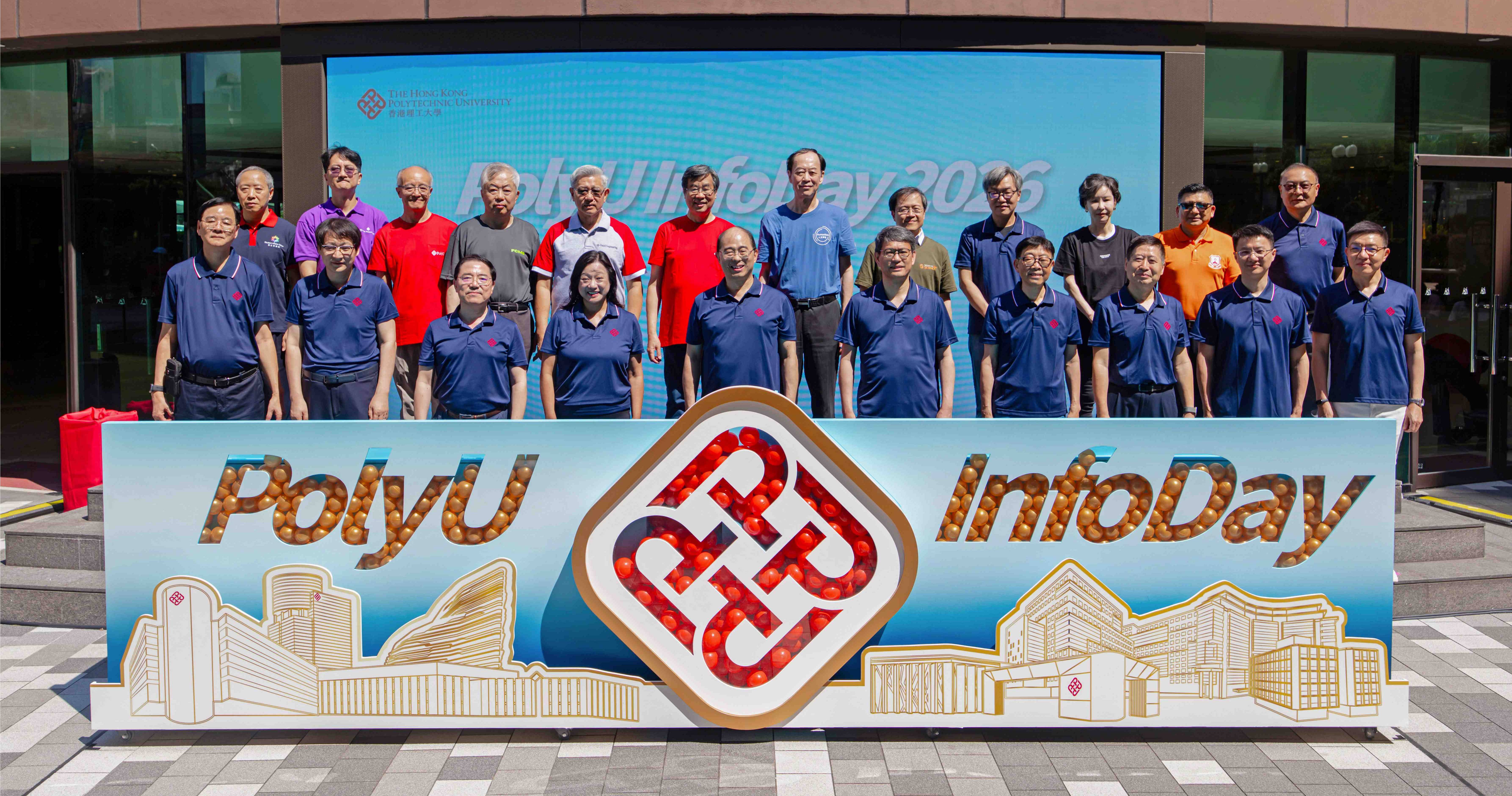 PolyU Deputy President and Provost Prof. Wing-tak Wong (5th from left, front row); Senior Vice President (Research and Innovation) Prof. Christopher Chao (5th from right, front row); Vice President (Education) Prof. Cao Jiannong (4th from right, front row); Vice President (Research) Prof. Xiang-dong Li (3rd from right, front row); Vice President (Knowledge Transfer) Prof. Zijian Zheng (2nd from right, front row); Interim Vice President (Campus and Facilities) Dr Ben Lau (1st from right, front row); Associate Vice President (Undergraduate Programme) Prof. Daniel Shek (1st from left, front row); Associate Vice President (Research) Prof. Wang Zuankai (2nd from left, front row); Associate Vice President (Knowledge Transfer) Prof. Dong Cheng (3rd from left, front row); Associate Vice President (Institutional Advancement) Dr Laura Lo (4th from left, front row); and Registrar Mr Edward Shen (1st from right, back row) attended the opening ceremony alongside other senior management team members, deans and representatives from faculties and schools to kick off Info Day.