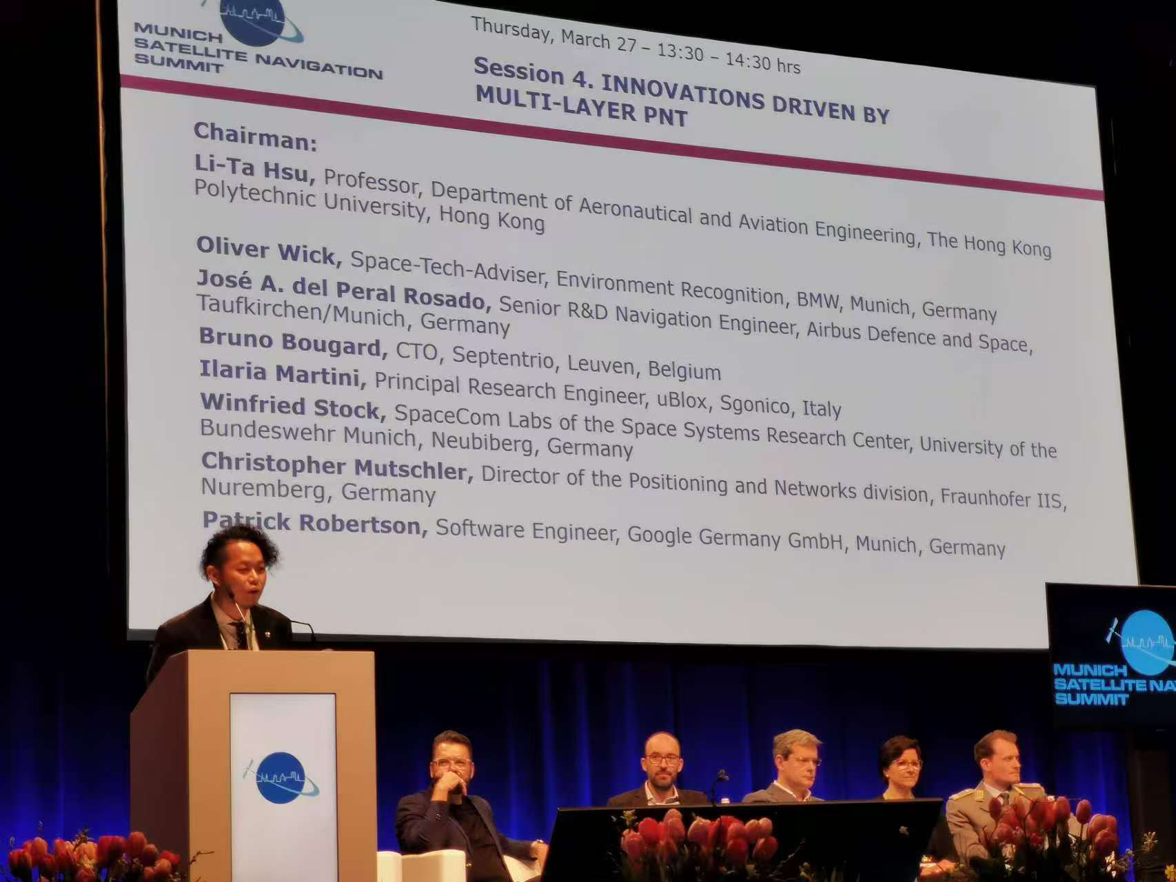 Session 4 introduction slide showing Prof. Hsu as Chairman with the 7 panelists from BMW, Airbus, Septentrio, uBlox, Bundeswehr Munich, Fraunhofer IIS, and Google Germany