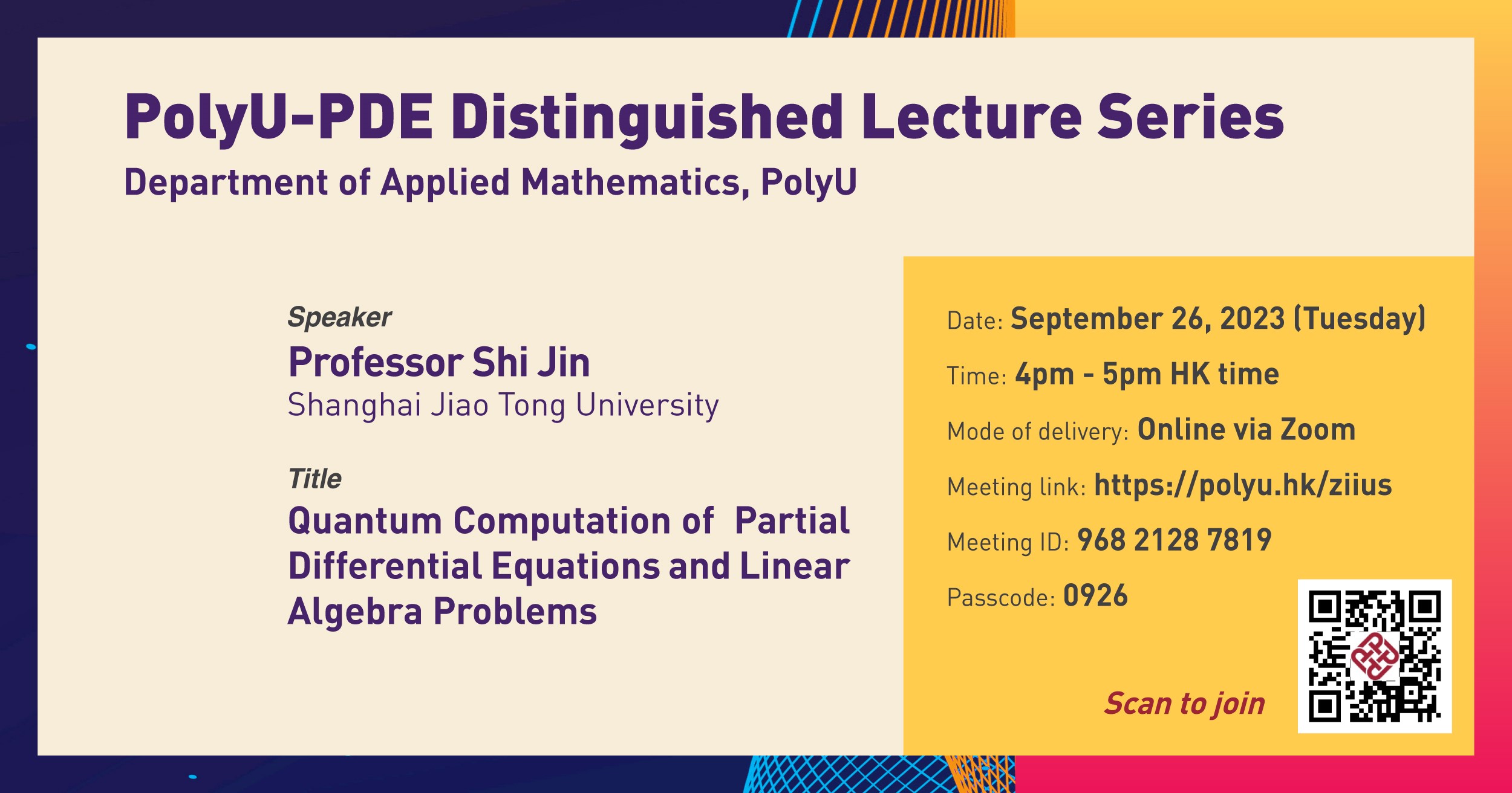PolyU PDE DL series 2023_Prof Shi Jin_Sep 26_web banner