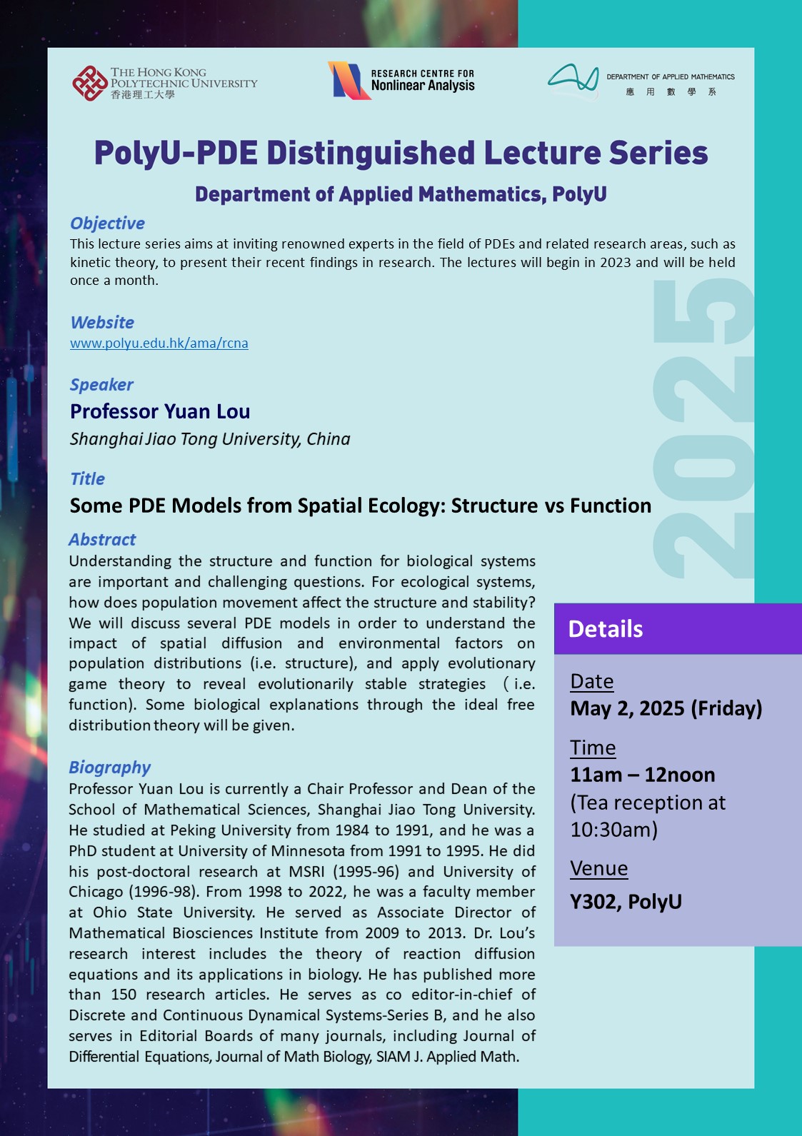 PolyU PDE DL series by Prof Yuan Lou May 2 2025