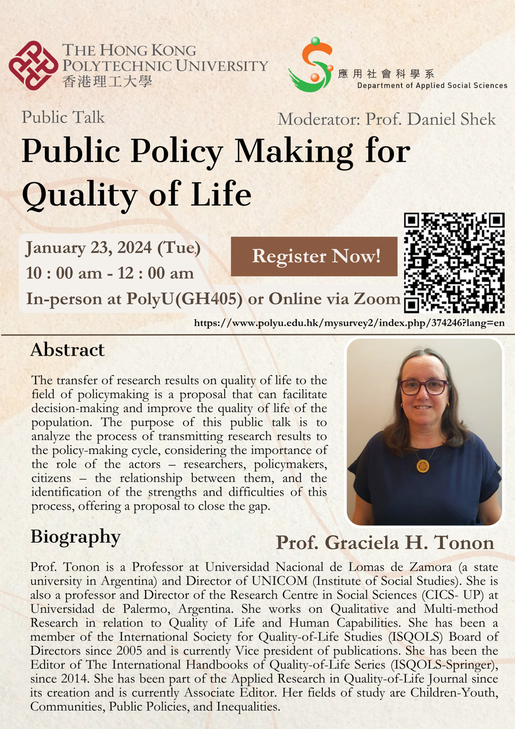 20240123 Public Policy Making for Quality of Life Public Talk Poster Prof Tonoto