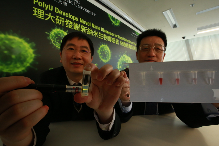 Upon being illuminated by a portable near-infrared laser pen, one can easily quantify the concentration of the targeted flu virus by measuring the decrease in the green light intensity.