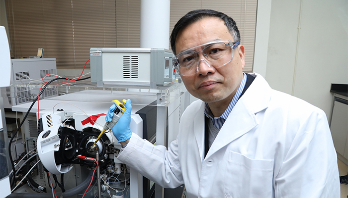 Dr Yao Zhongping, Associate Professor of PolyU’s Department of Applied Biology and Chemical Technology, uses direct ionization mass spectrometry method to authenticate Lingzhi and Tianma.