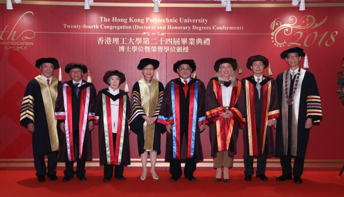 The Chief Executive of HKSAR Mrs Carrie LAM (4th from left), PolyU Council Chairman Mr T C CHAN (left), PolyU President Professor Timothy W. TONG (right) and the five Honorary Doctorate recipients.