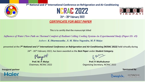 KUMAR Dharmasastha_Best Paper Award in Student Category at the NCRAC 2022 Conference