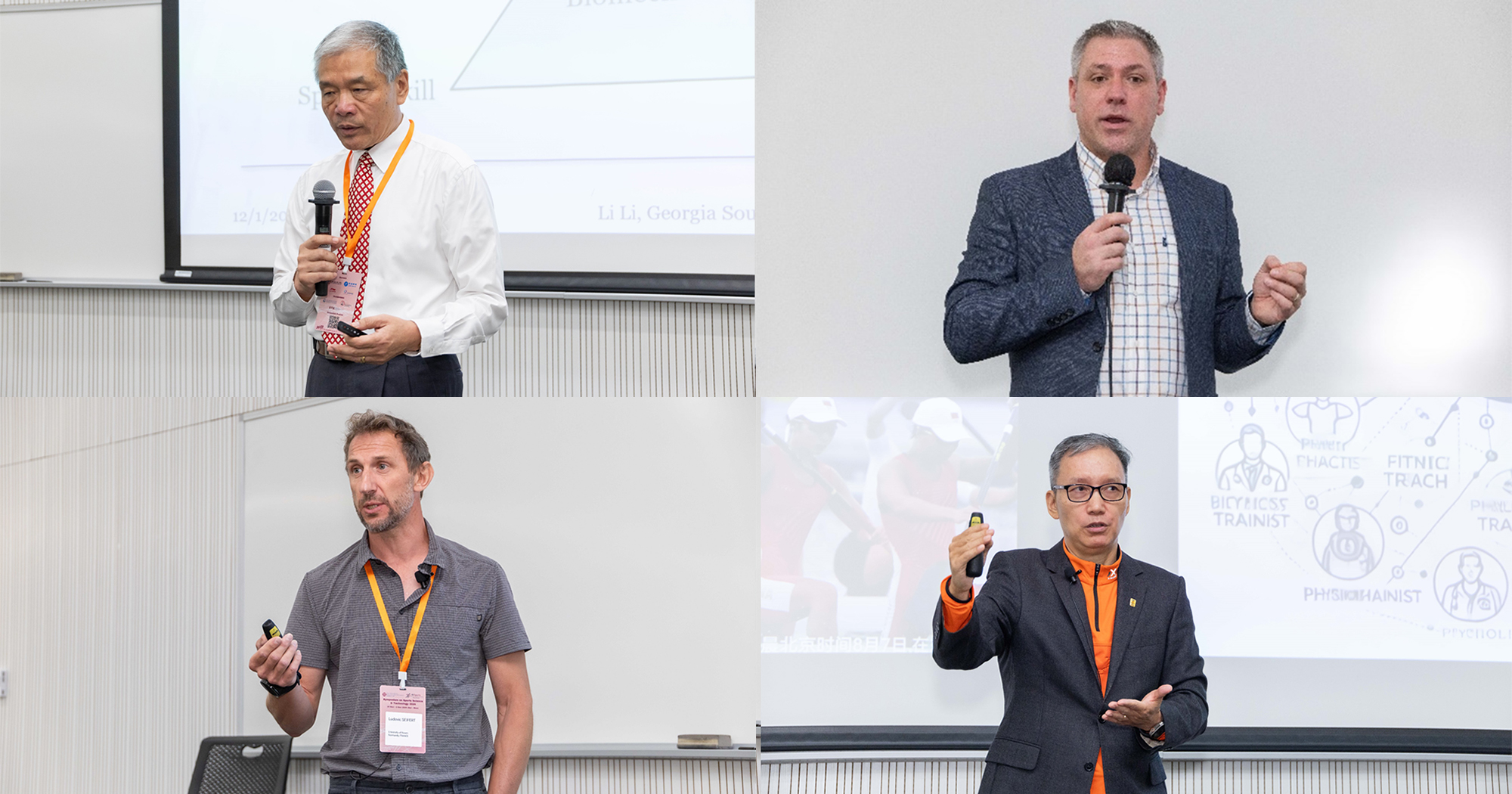 Prof. Li LI (upper left), Professor of Kinesiology of the Department of Health Sciences and Kinesiology at Georgia Southern University; Prof. Andy HARLAND (upper right) Professor of Sports Technology and Director of the Sports Technology Institute at Loughborough University; Prof. Ludovic SEIFERT (bottom left), Professor of the Faculty of Sport Sciences at the University of Rouen Normandy; and Dr Bob CHEN (bottom right), a famous sports and physical rehabilitation expert in mainland China, shared the latest research outcomes and products in sports science and technology.