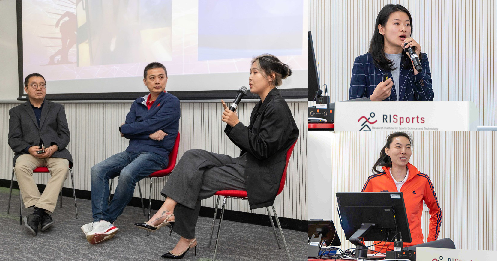 Prof. Lu Yifan (left photo: left), Professor of sport medicine of the School of Sports Medicine and Rehabilitation at Beijing Sport University hosted the swimming forum, while Mr Cui Dengrong (left photo: centre), Coach of the national swimming team, and Ms Zhang Yuhan (left photo: right), former national swimming team member and world champion, shared their experience of training elite swimmers. Ms Wang Xin (upper right), Olympic Champion in the women’s synchronised 10m platform diving, and Ms Zhang Ping (bottom right), women’s volleyball Olympic Champion shared their doctoral research work.