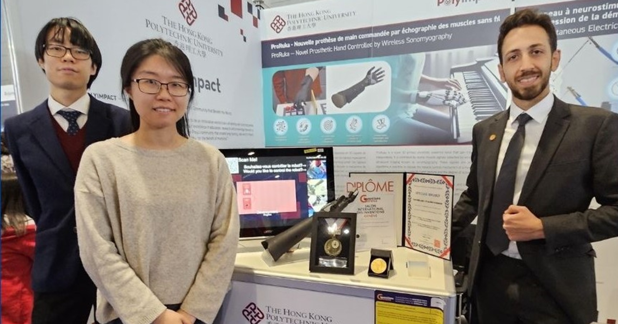 "ProRuka - Novel Prosthetic Hand Controlled by Wireless Sonomyography" co-principal investigators Mr Vaheh NAZARI (right), Research Assistant of BME and team members Connie Cheng, Research Associate and Lee Ka Shing, Research Assistant,