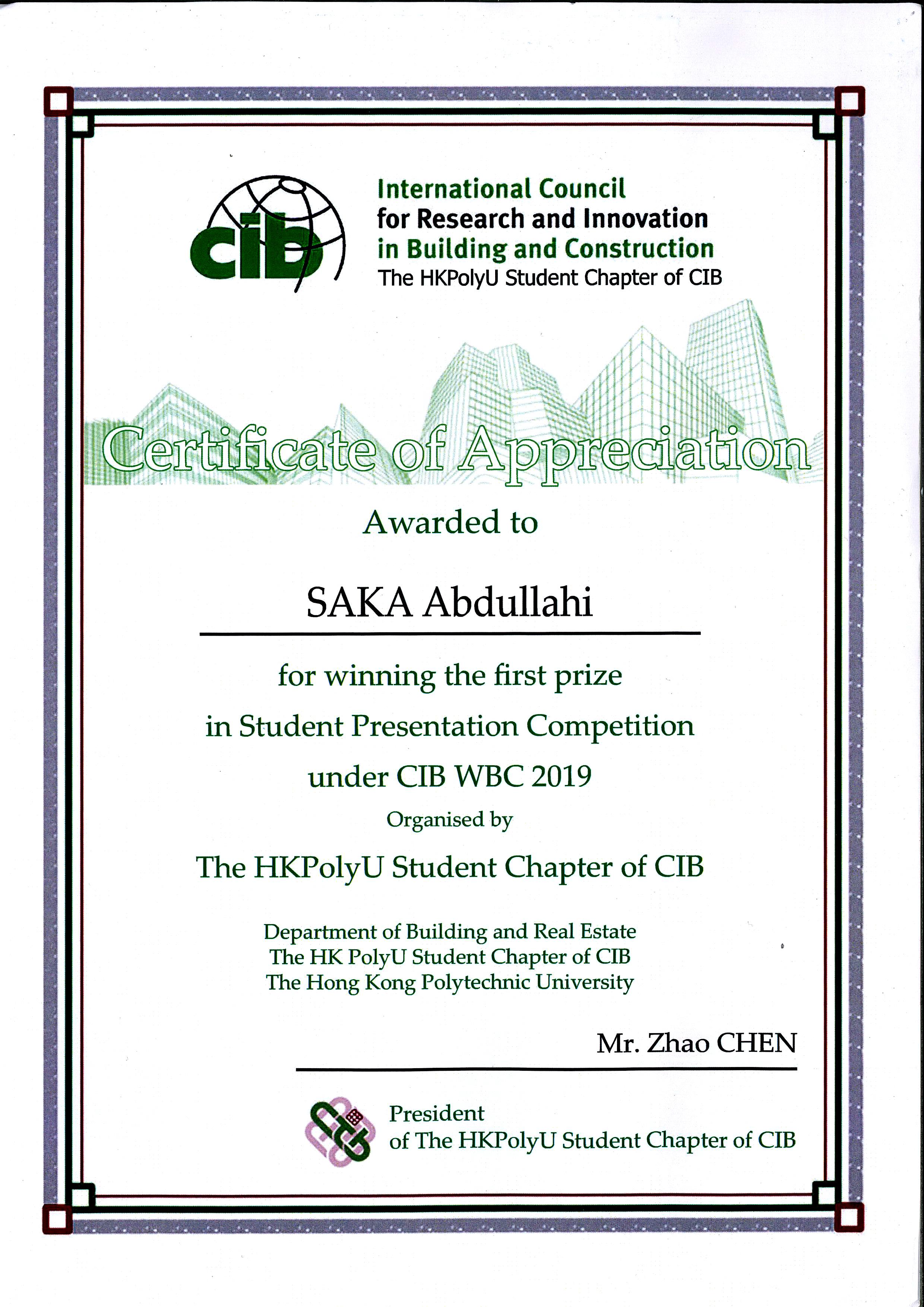 BRE PhD Student Winning the First Prize of Best Student Presentation3