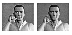 Two images of ASL signs. On the left is the starting position of the sign for YESTERDAY, which consists of a hand with the three middle fingers curled down and the thumb and pinky finger sticking out, and the thumb touching the cheek. On the right is the starting position of the sign for HANGOVER, which is similar except that the thumb is touching the neck.