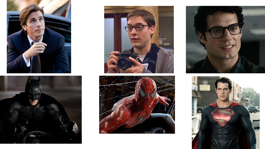 Two rows of photos of people. The top row shows Bruce Wayne, Peter Parker, and Clark Kent. The bottom row shows their superhero personas Batman, Spiderman, and Superman.