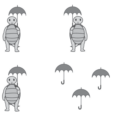 Hand-drawn picture of three turtles and six umbrellas. Three of the turtles are holding one umbrella each. The last three umbrellas are just floating there, not held by anyone.