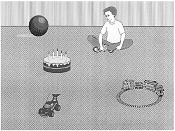 A drawing of a boy sitting among several objects: a ball, a cake, a toy car, and a train.