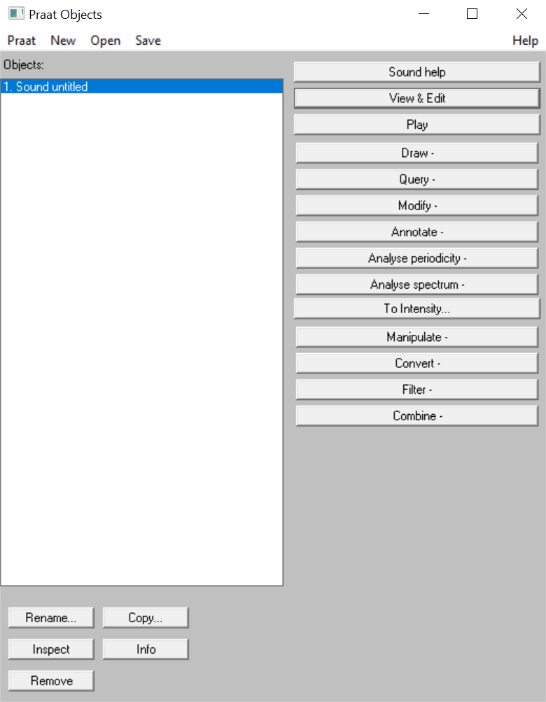 A screenshot of the "Praat Objects" window. Under the "Objects:" list, there is one item called "Sound untitled", selected and highlighted in blue.