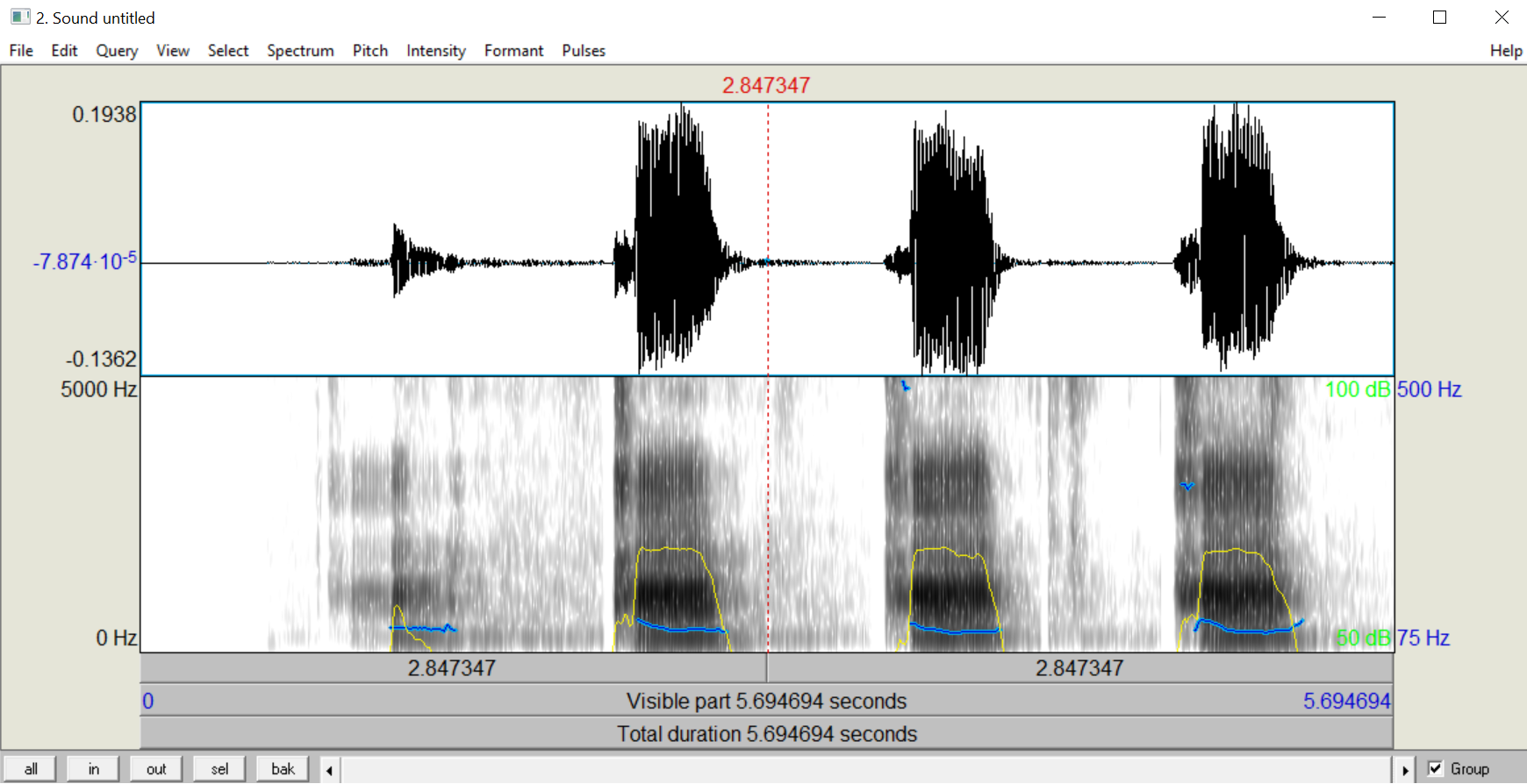 Screenshot of a sound waveform and spectrogram opened in Praat
