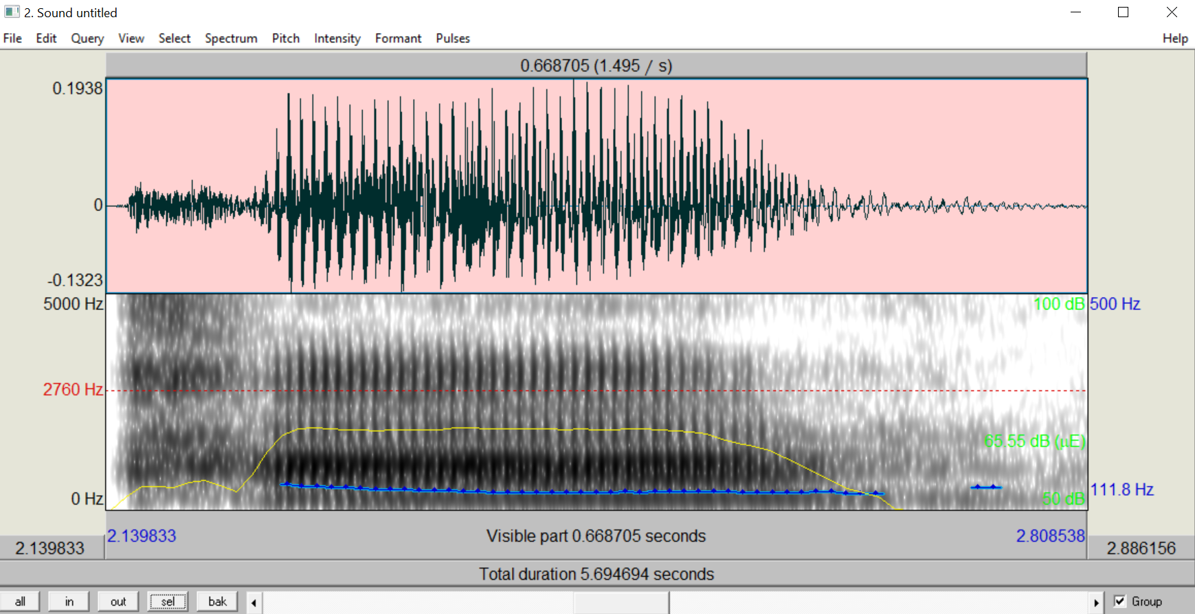Same as before, but now zoomed in to a single syllable, with waveform and spectrogram visible.