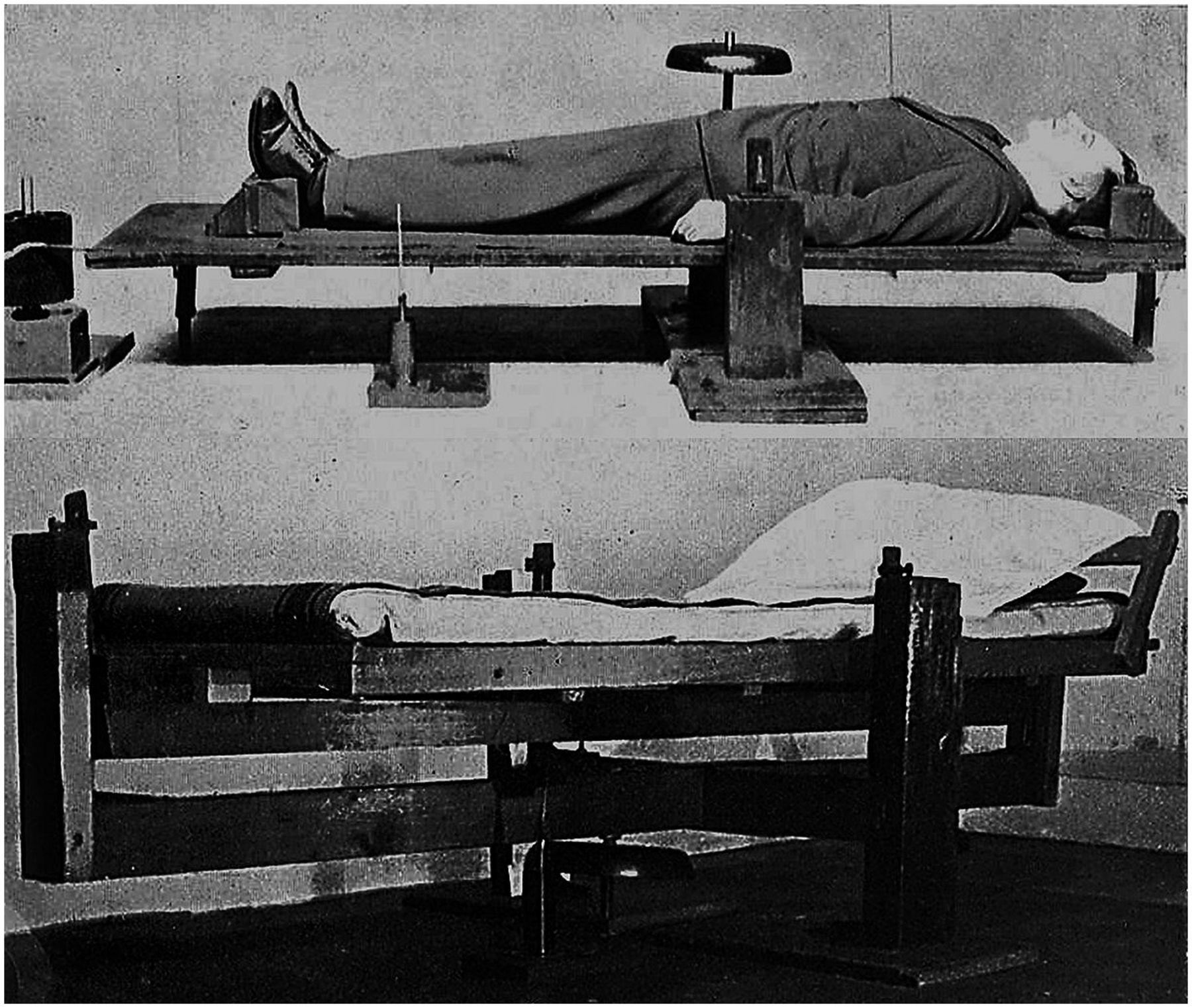 Two images (one above the other) of a wooden apparatus. The apparatus consists of a flat wooden board, held in air by a stand in the middle, keeping it balanced. In the top image, a man is lying on his back on top of the board.