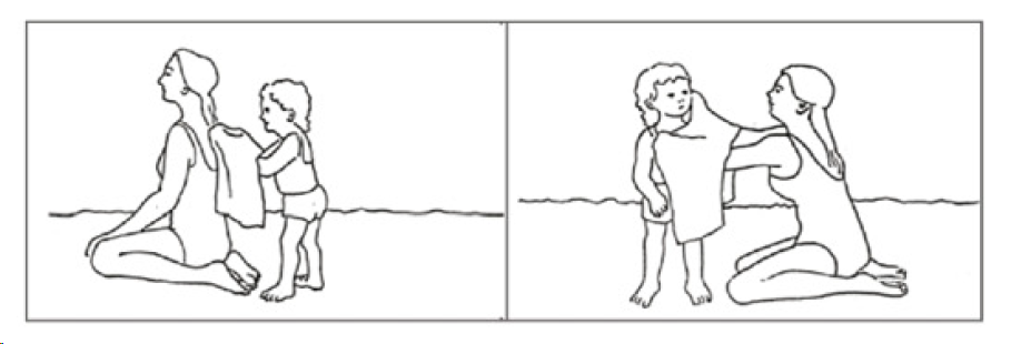 Two line drawings, each of a girl and a woman. In the left-hand side, the girl
				is using a towel to dry off the woman. In the right-hand side, the woman is using a towel to dry off the girl.
