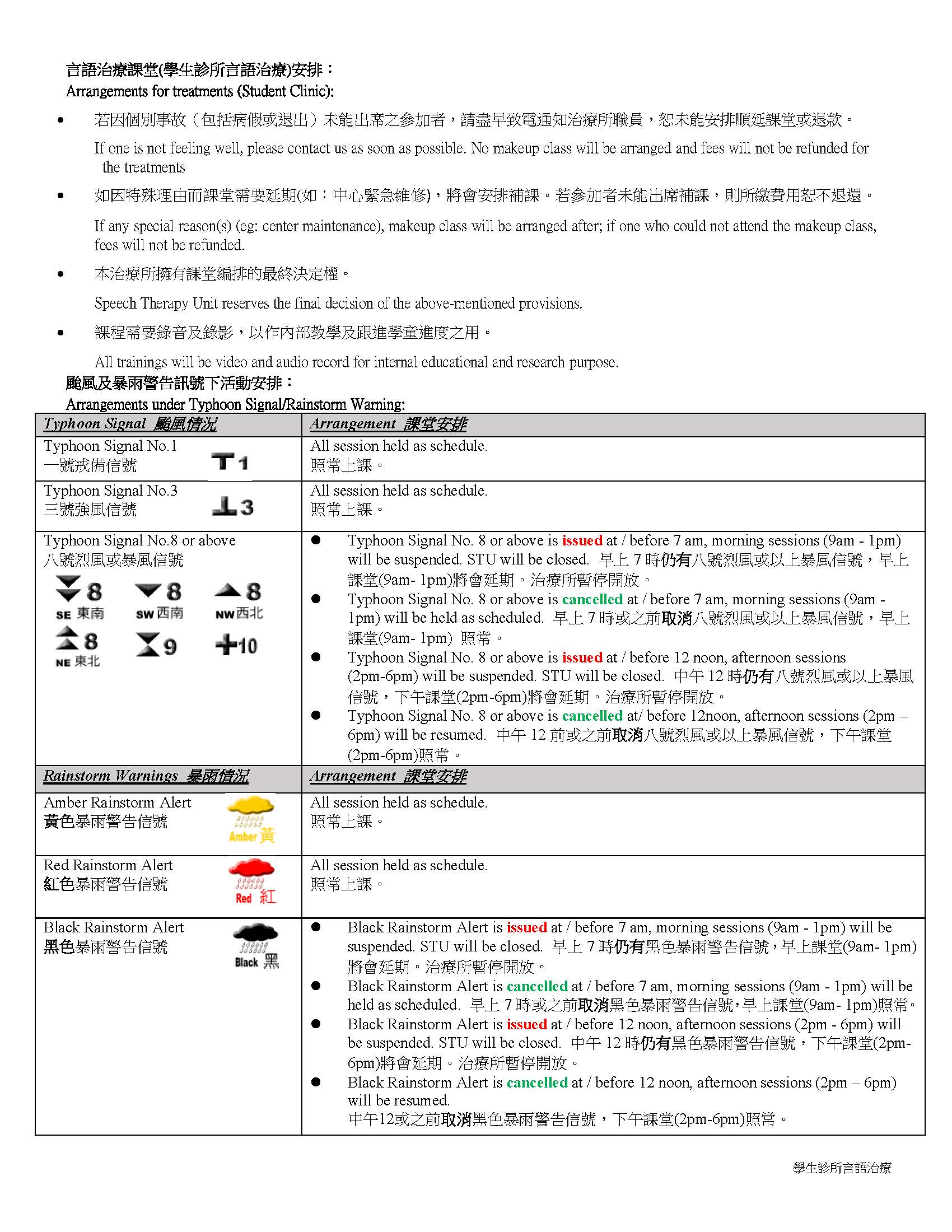 Arrangements Under Typhoon Signal Rainstorm Warning