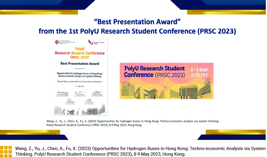 Wang, Z., Yu, J., Chen, A., Fu, X. (2023) Opportunities for Hydrogen Buses in Hong Kong: Techno-economic Analysis via System Thinking. PolyU Research Student Conference (PRSC 2023), 8-9 May 2023, Hong Kong.