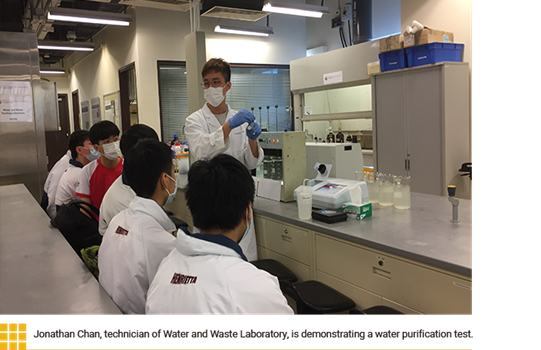 Jonathan Chan, technician of Water and Waste Laboratory, is demonstrating a water purification test.