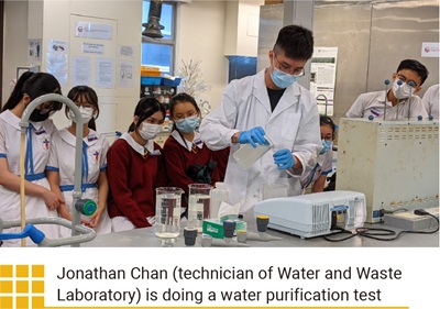 Jonathan Chan (technician of Water and Waste Laboratory) is doing a water purification test