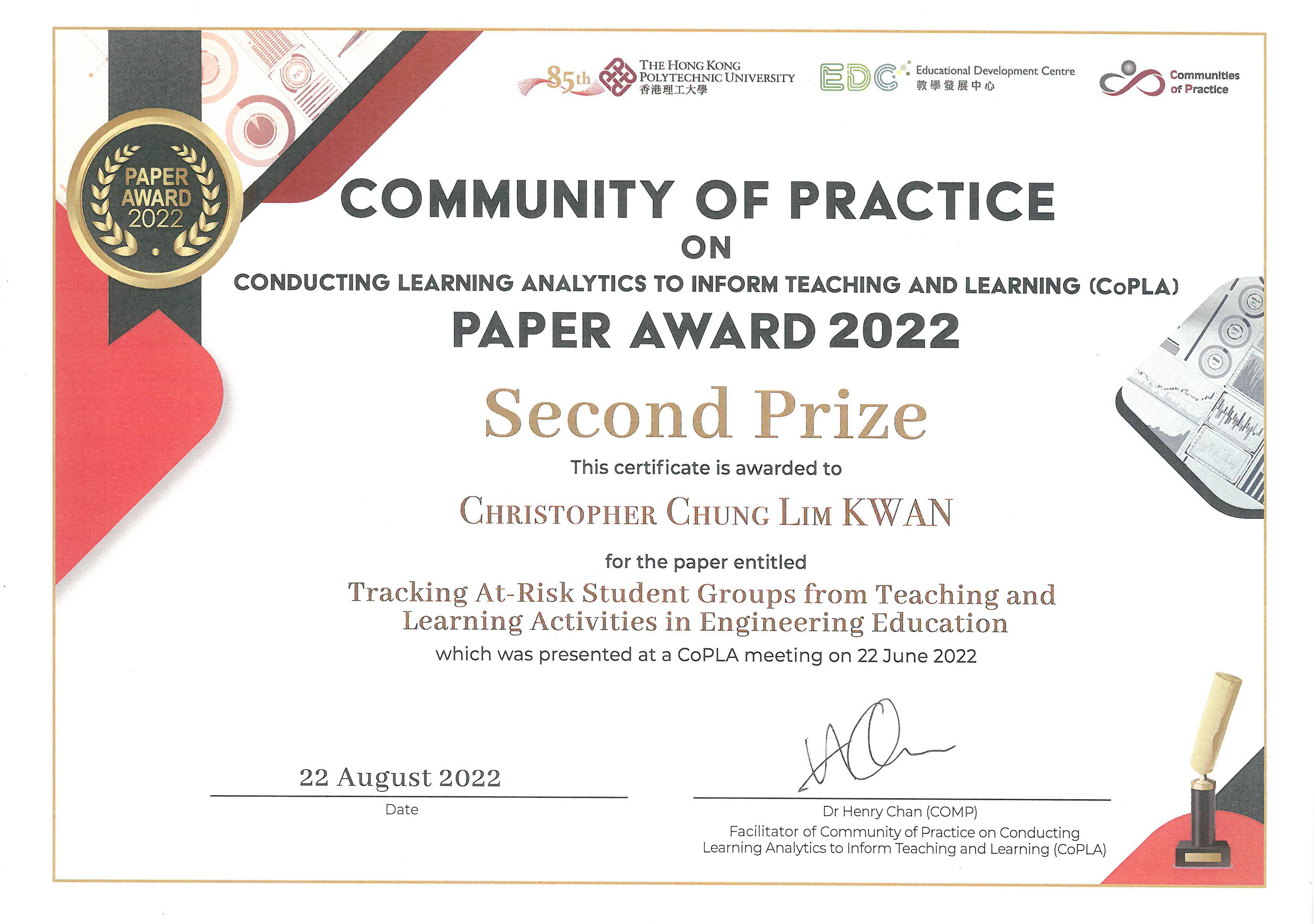 Ir Kwan Obtained CoPLA Paper Award 2022