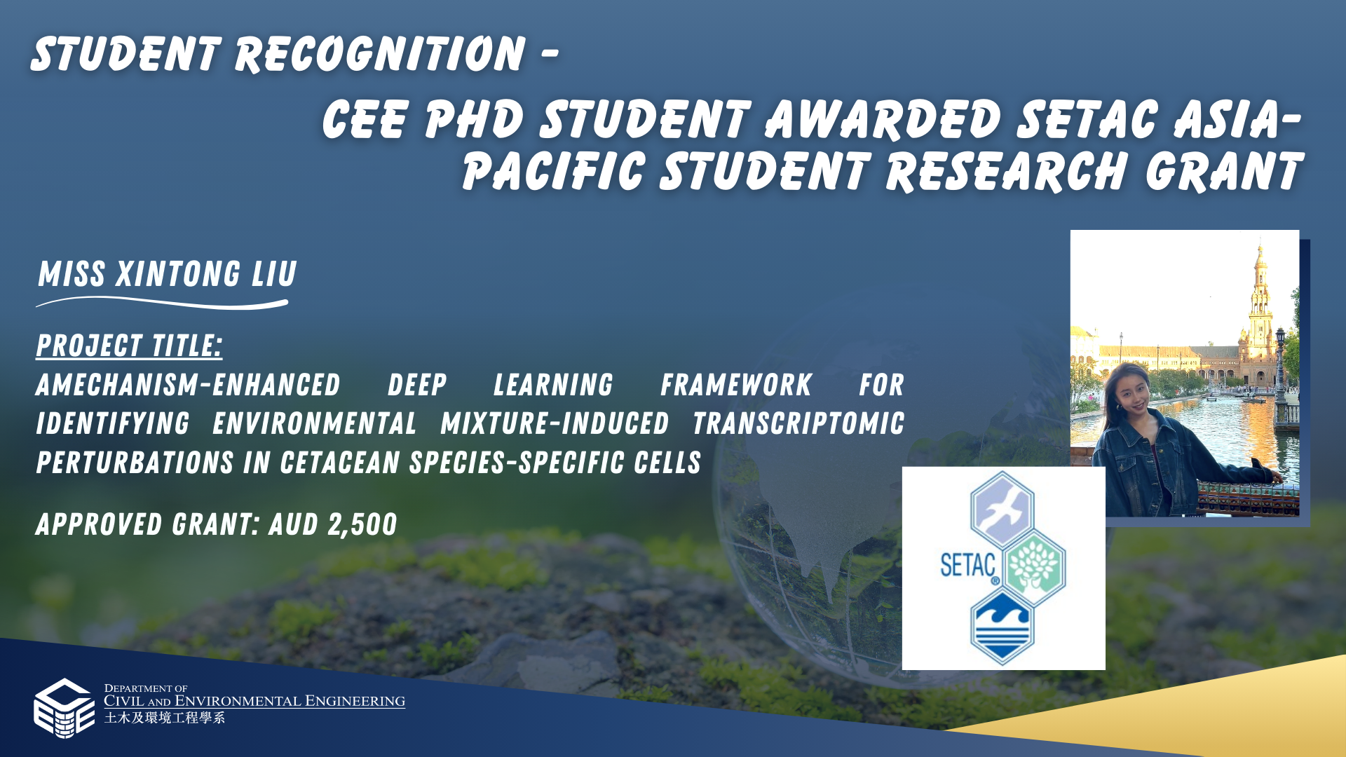 2 CEE PhD Student Awarded SETAC AsiaPacific Student Research Grantcover
