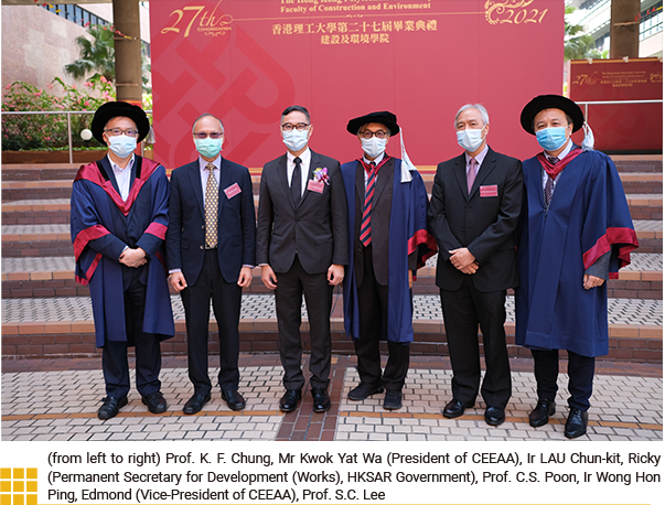 (from left to right) Prof. K. F. Chung, Mr Kwok Yat Wa (President of CEEAA), Ir LAU Chun-kit, Ricky (Permanent Secretary for Development (Works), HKSAR Government), Prof. C.S. Poon, Ir Wong Hon Ping, Edmond (Vice-President of CEEAA), Prof. S.C. Lee