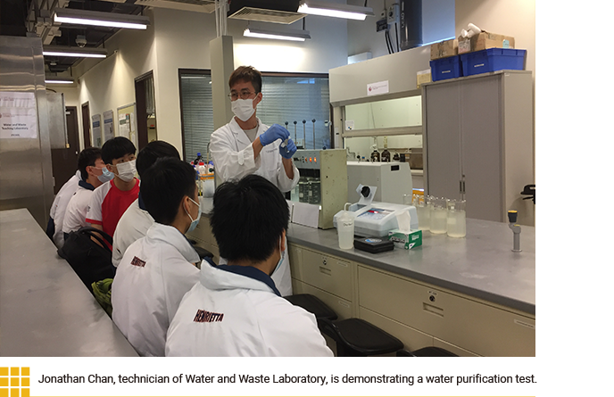 Jonathan Chan, technician of Water and Waste Laboratory, is demonstrating a water purification test.
