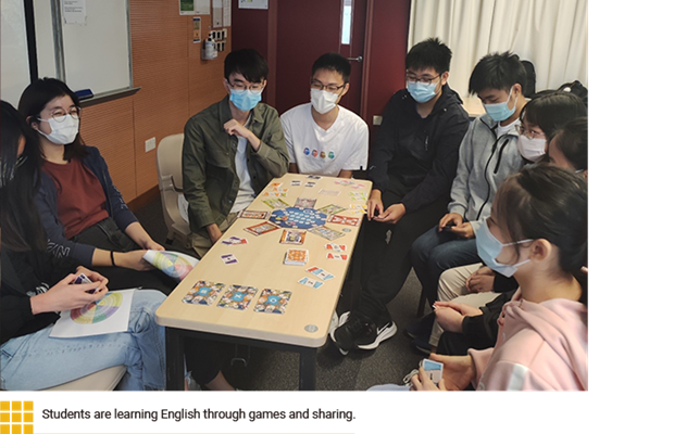 Students are learning English through games and sharing.