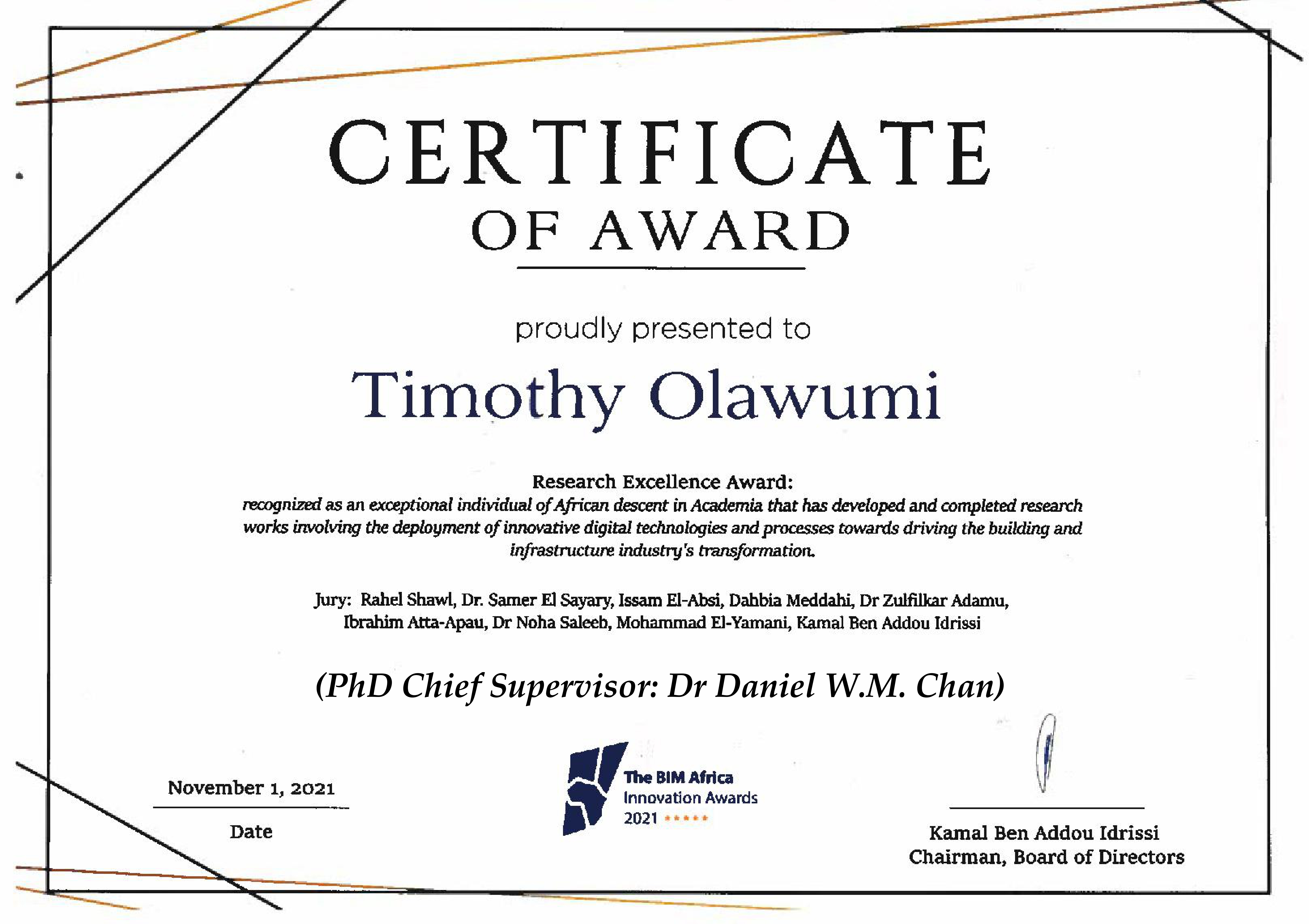 Award Certificate - BIM Africa Innovation Awards 2021  (Category: Research Excellence Award)