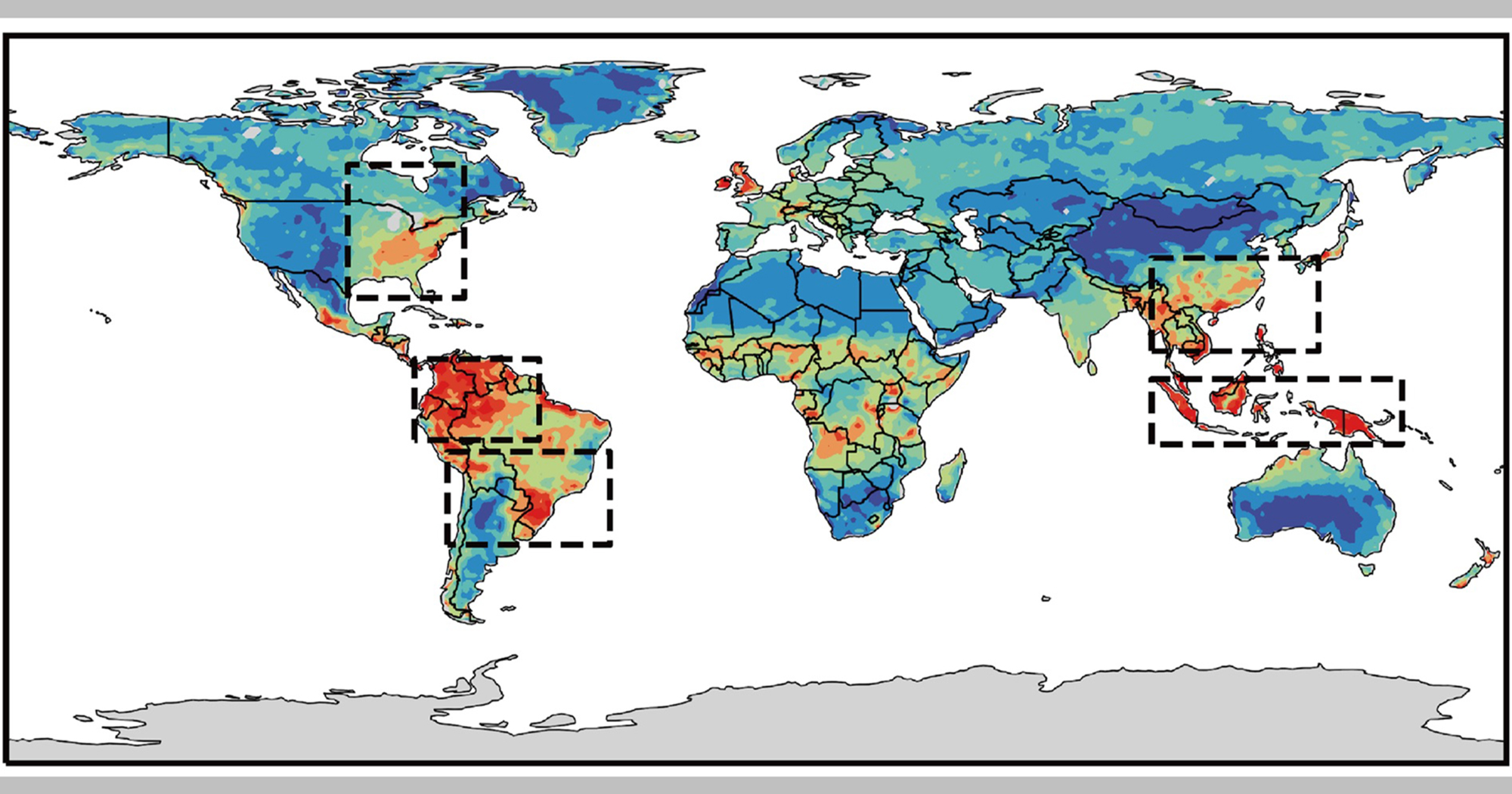 Dr Wang’s team found that the high probability of concurrent soil dryness and atmospheric aridity (areas indicated with dotted line boxes) is likely to trigger a rapid decline in soil moisture, causing a high frequency of flash droughts, especially for humid and semi-humid regions.
