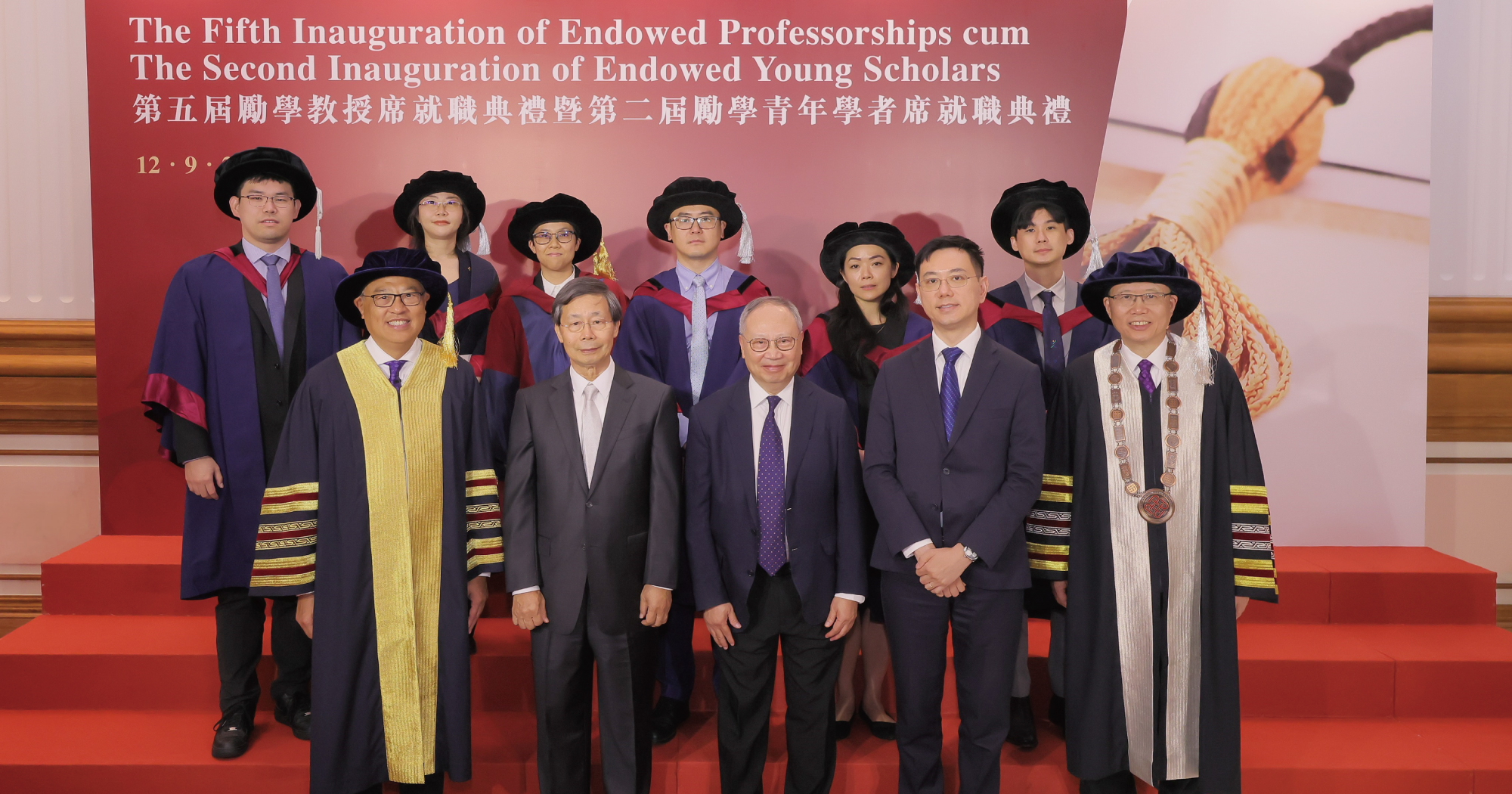 A group photo of PolyU Council Chairman Dr Lam Tai-fai (front row, 1st from left) and President Prof. Jin-Guang Teng (front row, 1st from right), with donors and their representatives including Ir Dr WONG Tit-shing (front row, 2nd from left), Mr Steven Ho (front row, 3rd from left), and Mr Charles TO (front row, 2nd from right), as well as the appointees of Endowed Young Scholars (back row from left) Prof. Tommy Wei, Prof. Zhao Xin, Dr Eva Ho, Ir Dr Zheng Pai, Dr Crystal Kwan and Dr Hsu Chun Liang.