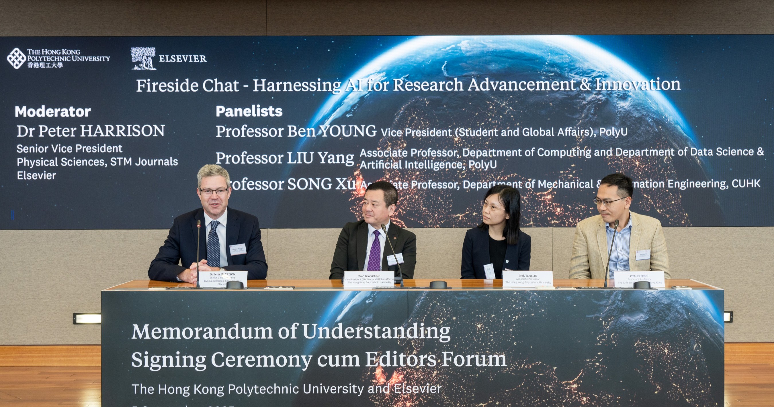 During the Fireside Chat themed “Harnessing AI for Research Advancement & Innovation,” Prof. Ben Young (2nd from left), Prof. Liu Yang, Associate Professor of the PolyU Department of Computing and Department of Data Science and Artificial Intelligence (2nd from right), and Prof. Song Xu, Associate Professor of the CUHK Department of Mechanical and Automation Engineering (1st from right), shared insights into AI from a scholar’s perspective.