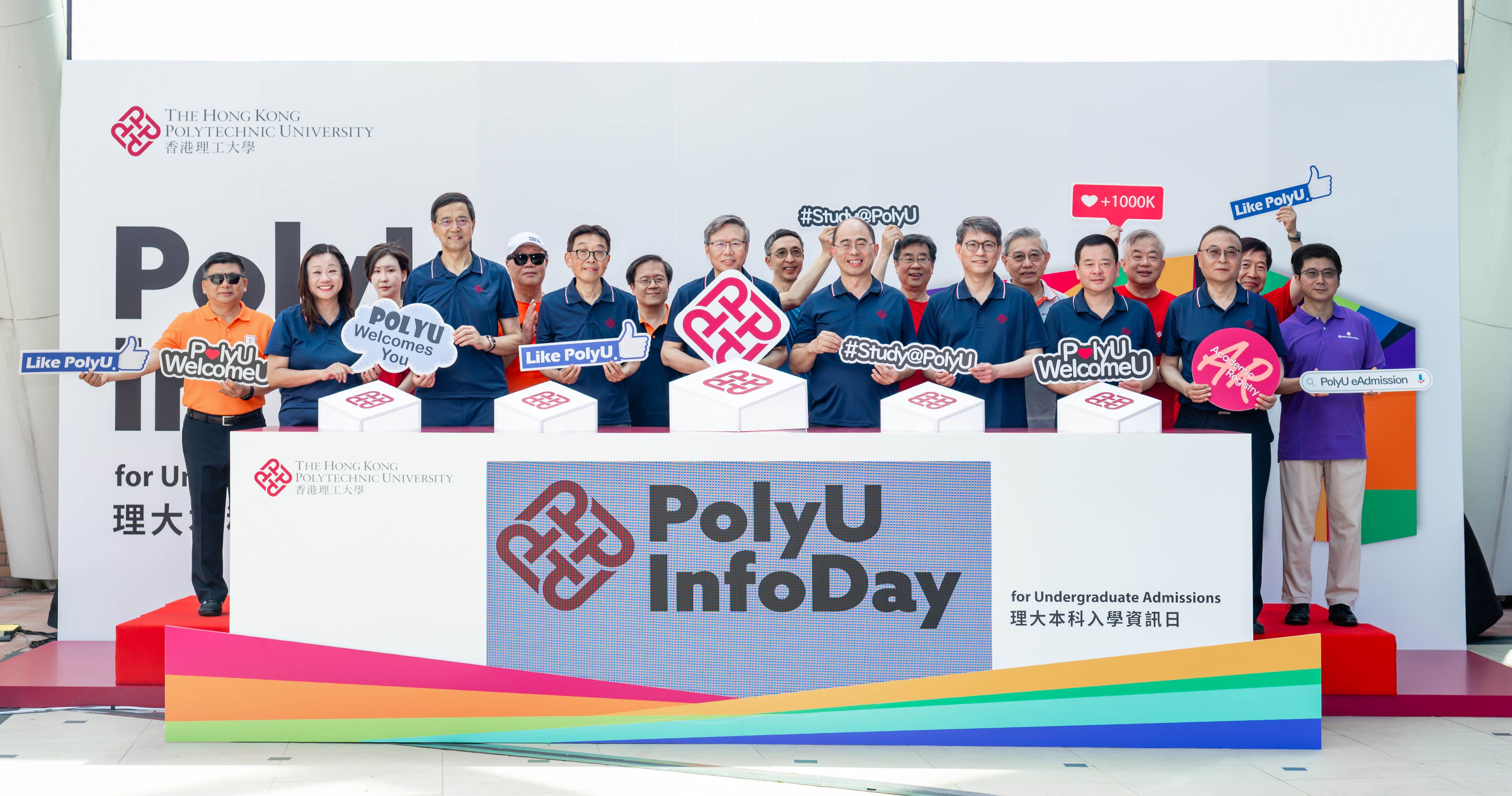 PolyU President Prof. Jin-Guang Teng (4th from left, front row); Deputy President and Provost Prof. Wing-tak Wong (4th from right, front row); Designated Senior Vice President (Research and Innovation) Prof. Christopher Chao (3rd from right, front row); Vice President (Education) Prof. Cao Jiannong (3rd from left, front row); Vice President (Student and Global Affairs) Prof. Ben Young (2nd from right, front row); Associate Vice President (Global Partnerships) Prof. Geoffrey SHEN (2nd from left, front row); Associate Vice President (Institutional Advancement) Dr Laura LO (1st from left, front row); and Registrar Mr Edward SHEN (1st from right, front row) attended the opening ceremony alongside other senior management team members, deans and representatives from various faculties and schools to kick off the Info Day.