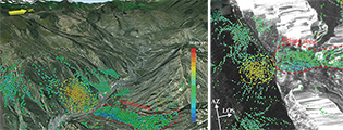 Slope deformation rates determined by InSAR technology.
