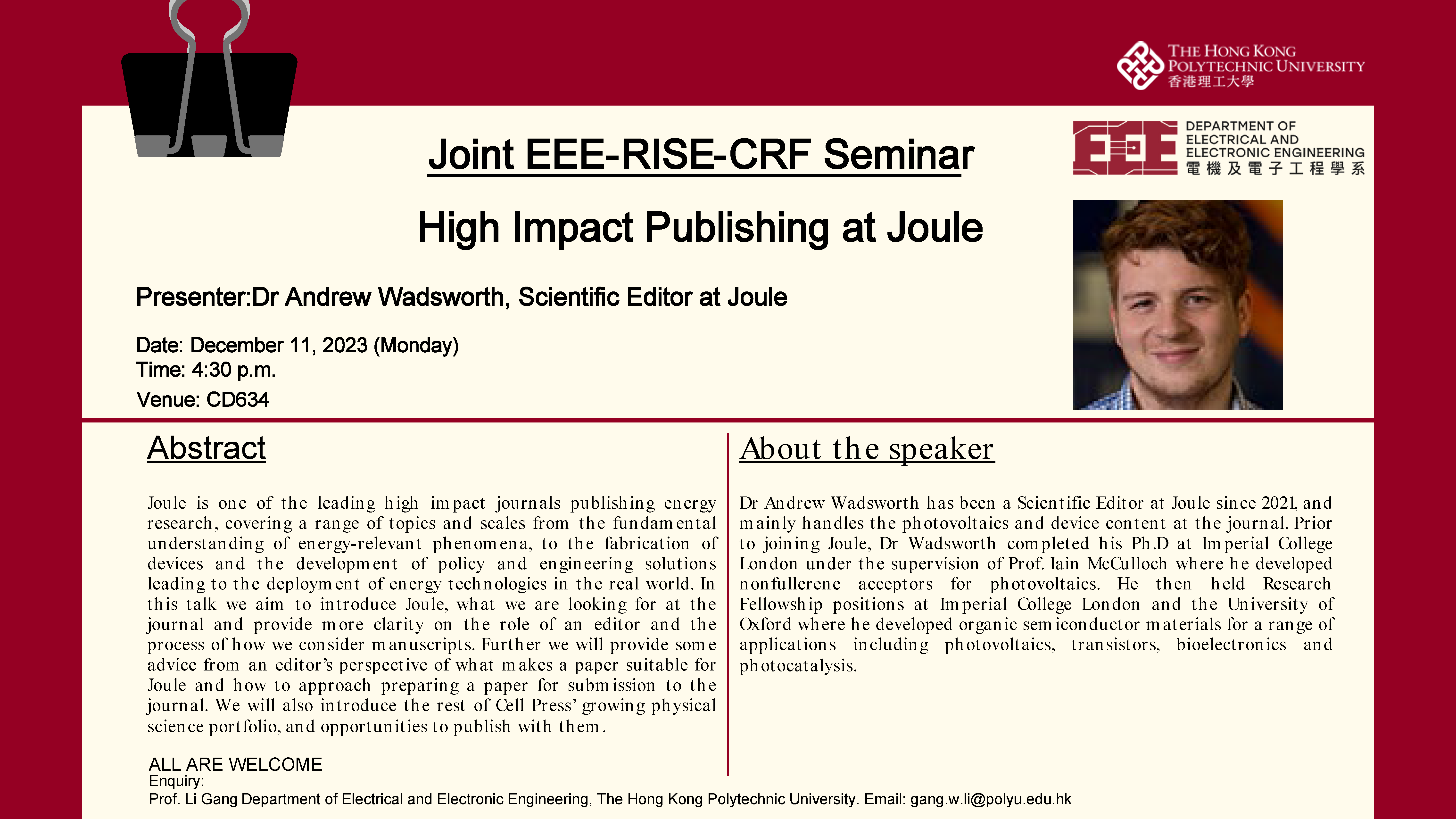 2023-12-11 Joint EEE-RISE-CRF Seminar on High Impact Publishing at Joule by Dr Andrew Wadsworth