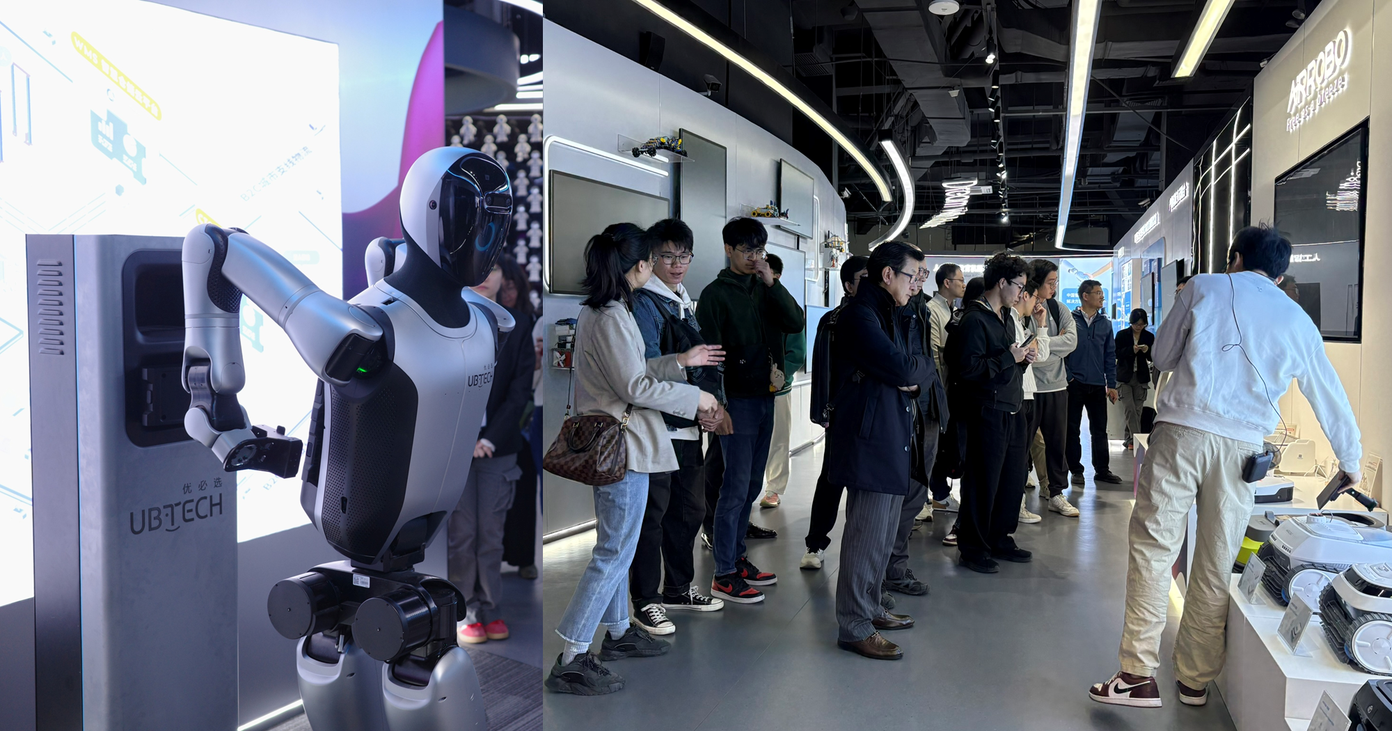 Industrial robot replacing its own battery. | Guide presenting smart cleaning products.