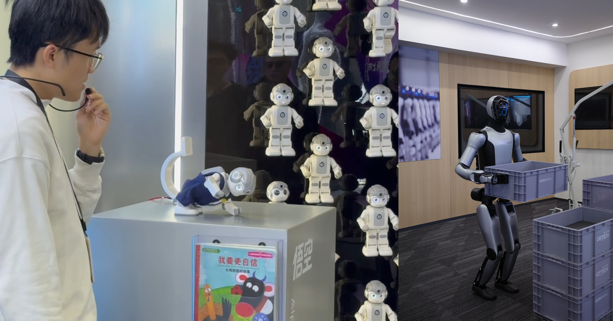 Portable robot performing push-ups. | Industrial robots handling objects.