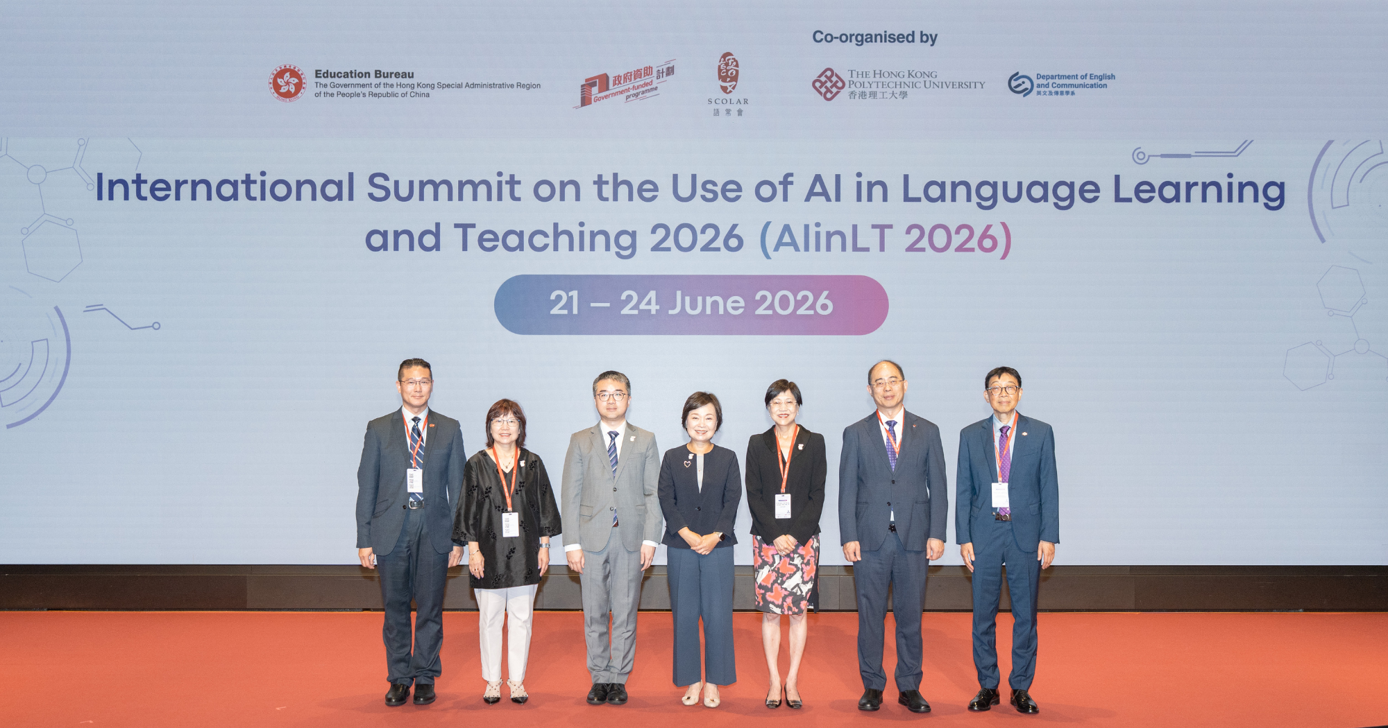 Dr Choi Yuk-lin, Secretary for Education of the HKSAR Government (3rd from left); Prof. Wong Wing-tak, PolyU Deputy President and Provost (2nd from right); Dr Anissa Chan Wong Lai-kuen, Chairperson of SCOLAR (3rd from right); Dr Jeff Sze, Under Secretary for Education of the HKSAR Government and Chairperson of the Steering Committee on Strategic Development of Digital Education (2nd from left); Prof. Cao Jiannong, PolyU Vice President (Education) (right); and Dr Chan Pik Wa, Deputy Secretary for Education of the HKSAR Government (left), officiated at the opening ceremony.