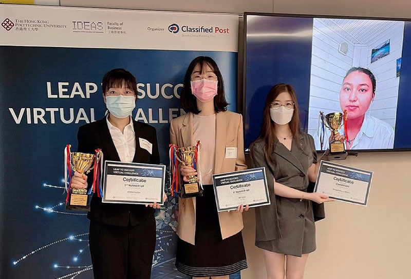 (From left) Zhang Yushan, He Tianqi, and Dr Hazel Lee (receiving championship on behalf of Amina Shalgymbayeva)