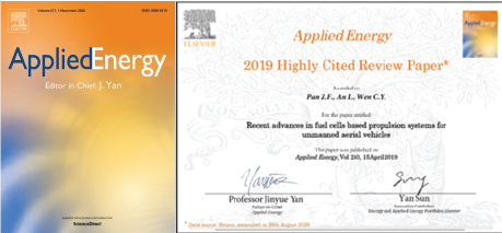 Recent advances in fuel cells based propulsion systems for unmanned aerial vehicles was awarded the 2019 Highly cited Paper by Applied Energy