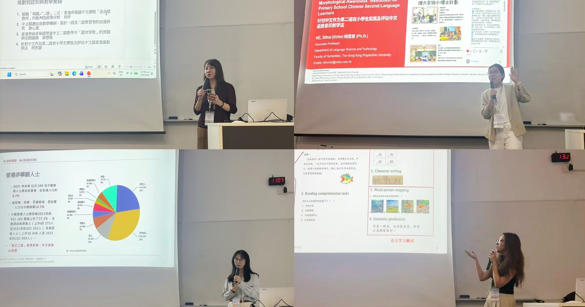 Prof. Leung Wai Mun (top left), Prof. Ke Sihui (top right), LST PhD candidates Yu Xiao (bottom left), and Xu Xintong (bottom right) conduct an invited symposium.